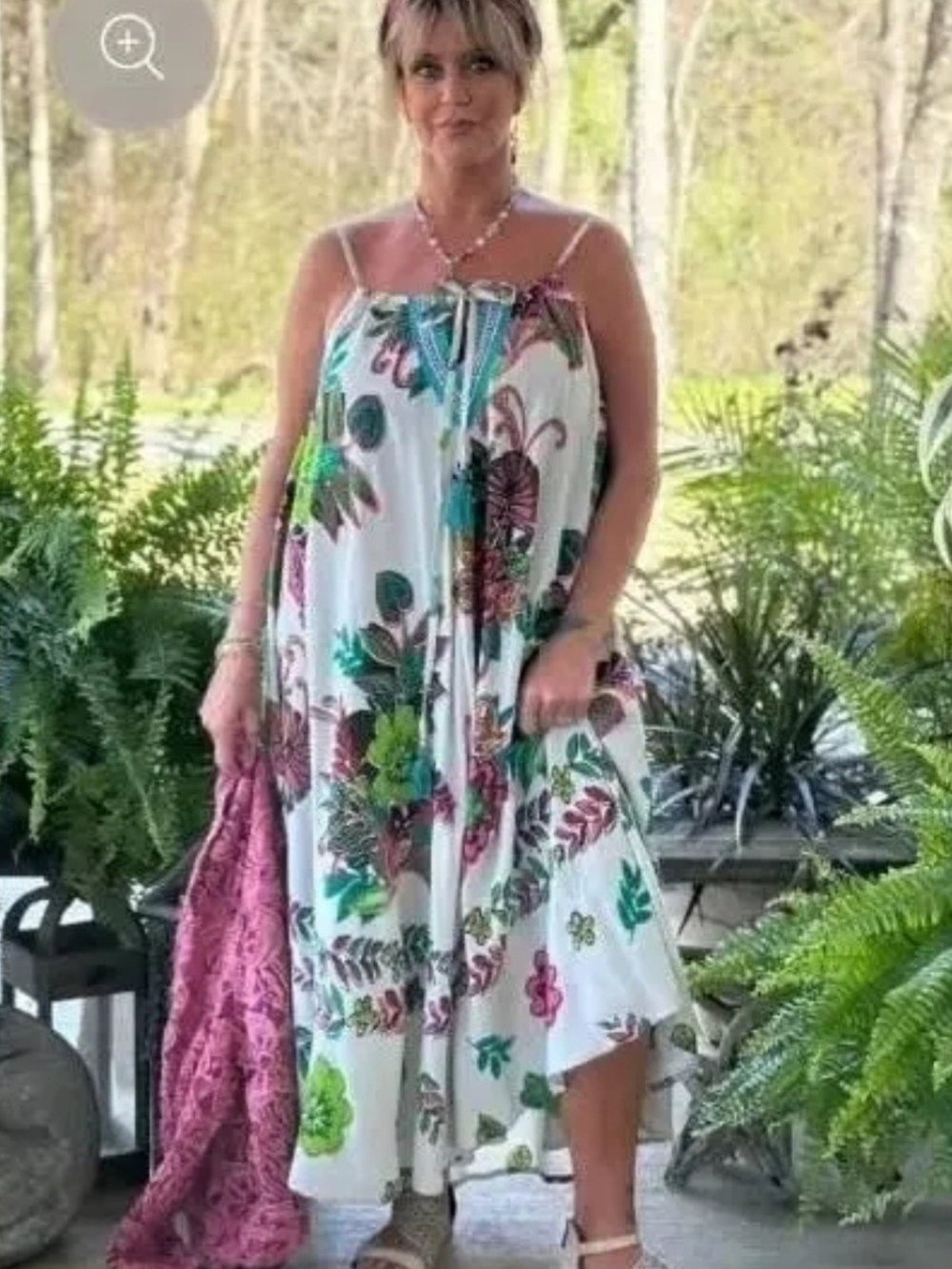 Jaded Gypsy OS Women's White Maxi Dress with Green & Pink Floral Print